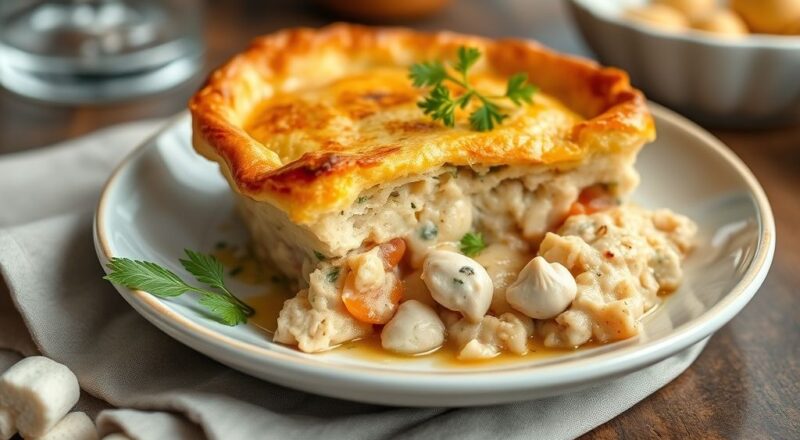 Torta de frango caseira dourada, cortada em fatias, sobre prato rústico com recheio cremoso e apetitoso