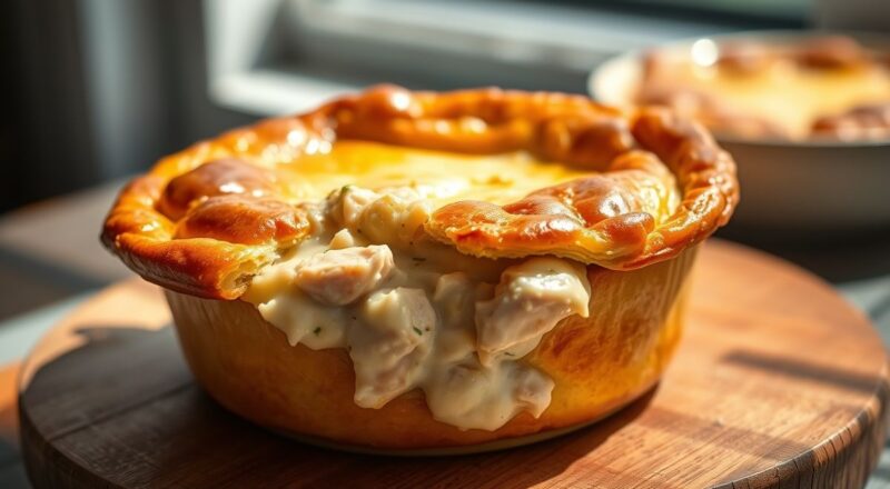 Torta de frango cremosa dourada, servida em travessa com recheio visível e massa fofa, cenário caseiro e apetitoso