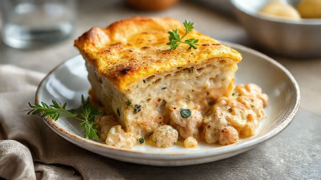 Torta de frango de liquidificador dourada e fofa, servida em fatias mostrando o recheio cremoso e apetitoso