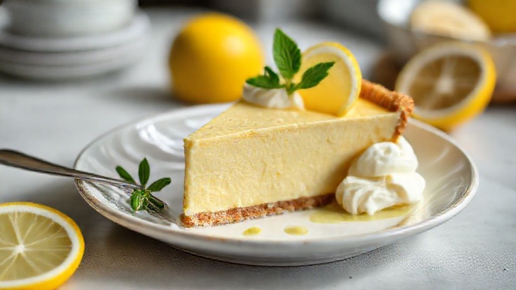 Torta de limão cremosa finalizada com merengue dourado e raspas de limão servida em prato elegante