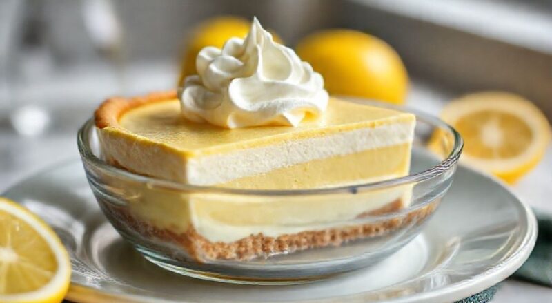 Sobremesa gelada de torta de limão montada na travessa, com camadas cremosas e cobertura de chantininho decorado com raspas de limão.