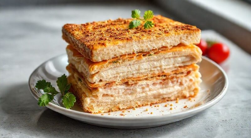 Torta fria de frango finalizada, com camadas visíveis e cobertura de creme de batata, decorada com batata palha e cenoura ralada