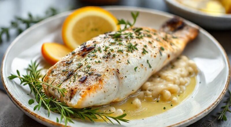 Truta dourada e crocante no forno, servida com batatas e ervas aromáticas, apresentada em prato rústico e elegante