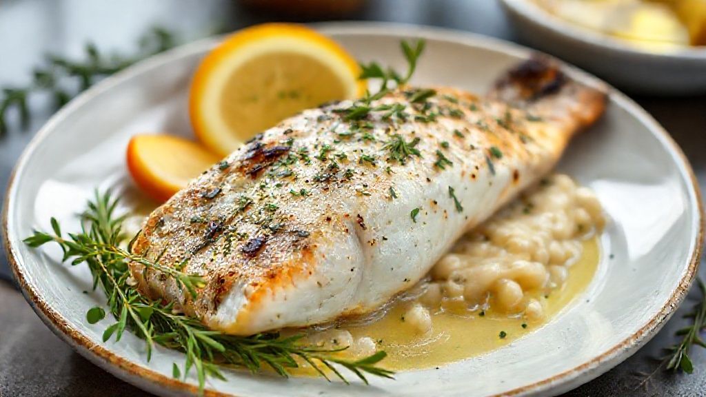 Truta assada com ervas frescas dourada no forno, servida com batatas e limão, prato leve e saudável