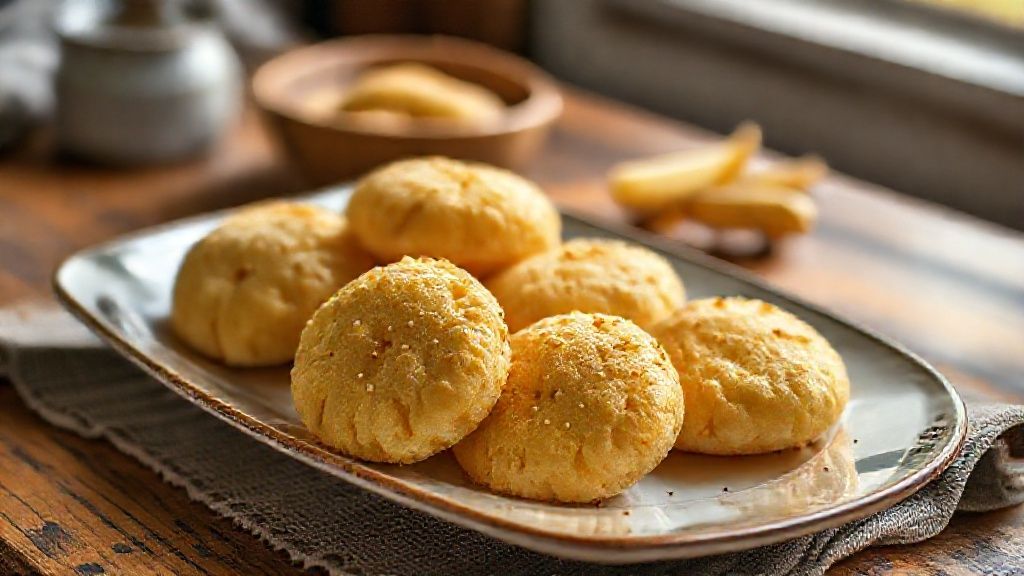 Biscoito de polvilho assado crocante e leve, dourado e caseiro servido em cesta mineira