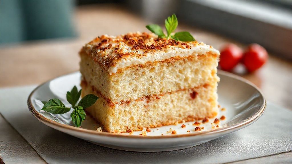 Bolo salgado fofinho com recheio de presunto, queijo e tomate, dourado e apetitoso sobre prato branco