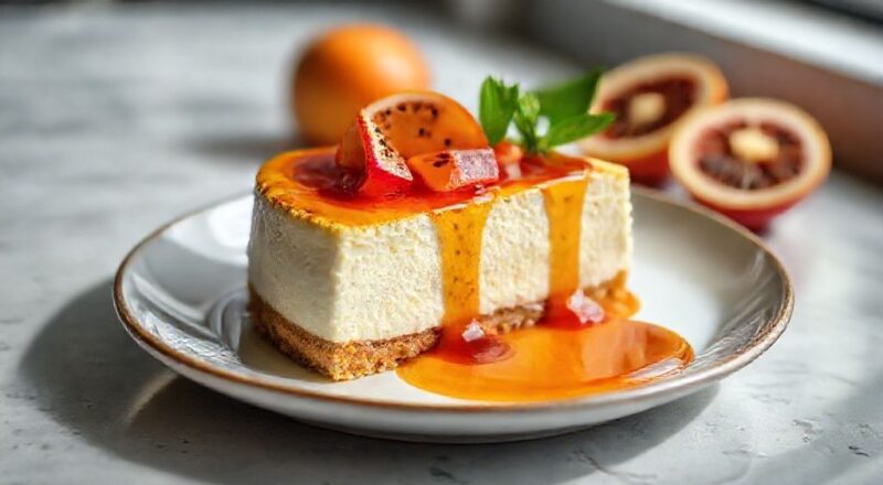 Calda de maracujá dourada e brilhante servida sobre uma fatia de cheesecake tropical