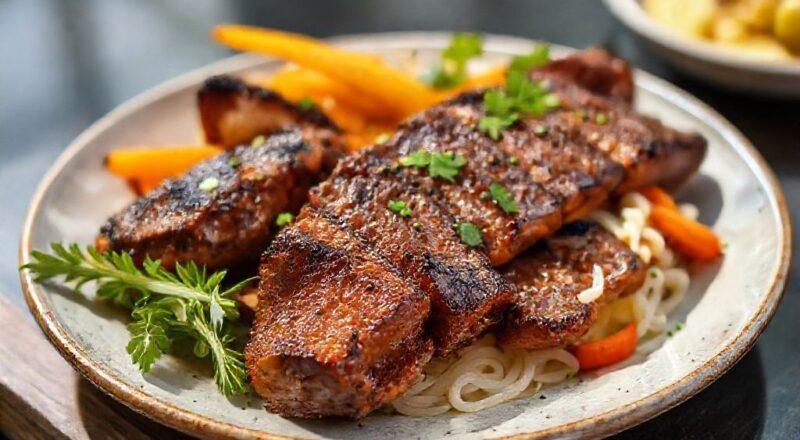 Prato com cortes variados de carne grelhada, dourados, suculentos e servidos em tábua rústica.