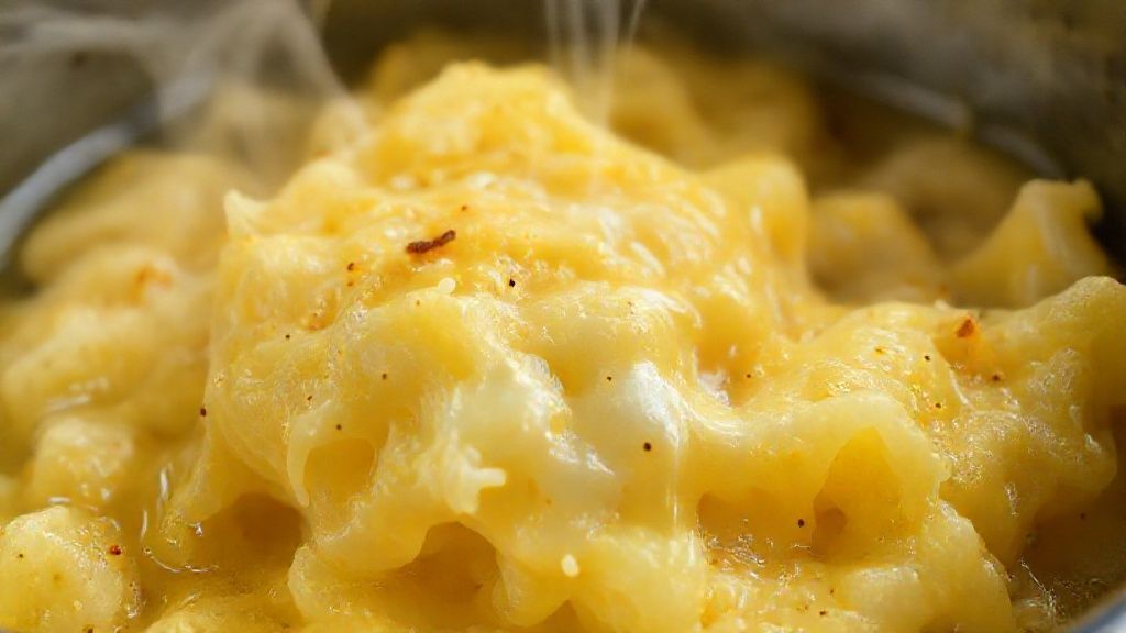 Close-up da mandioca macia e dourada, com queijo derretido e toque de manteiga.