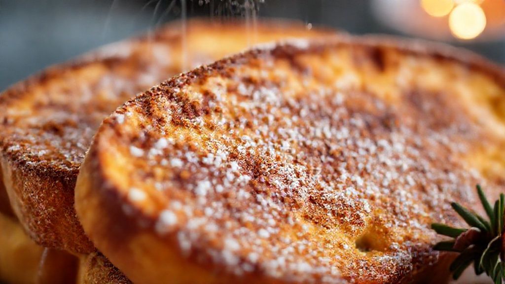 Close-up destacando a textura crocante e o açúcar com canela sobre a rabanada pronta