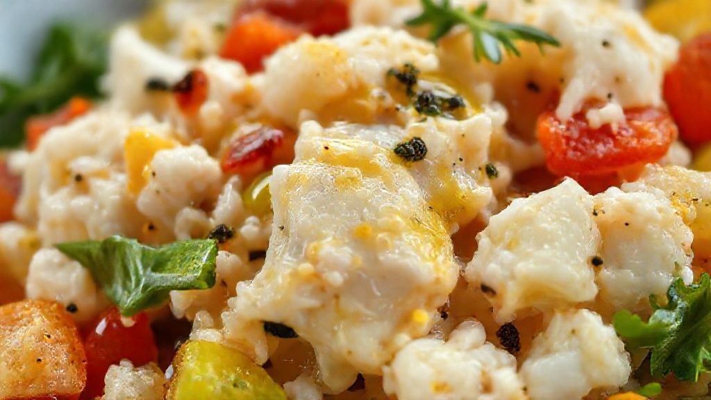 Close-up da salada de bacalhau mostrando textura do peixe, brilho do azeite e cores vibrantes dos legumes