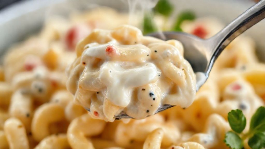 Close-up da textura cremosa e colorida da salada finalizada com legumes e maionese