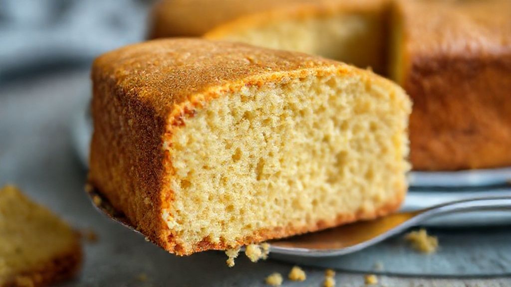 Close-up de uma fatia do bolo de mandioca mostrando a textura úmida e dourada