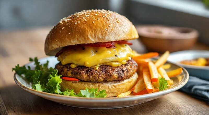 Hambúrguer de milho dourado e crocante servido no pão com folhas frescas e tomate, com aparência apetitosa e artesanal