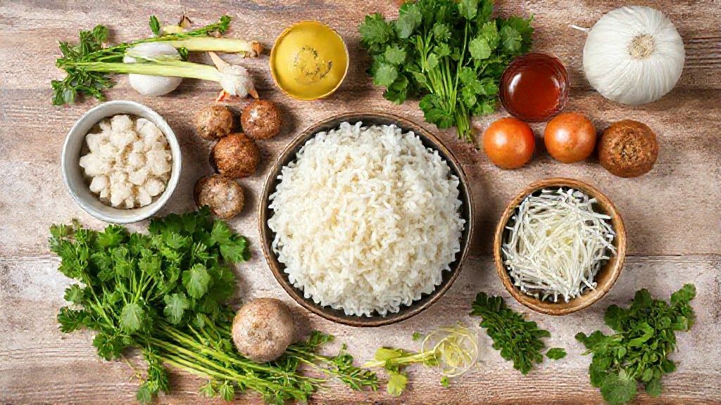 Visão de cima com arroz, linguiça calabresa, legumes e temperos organizados em uma bancada