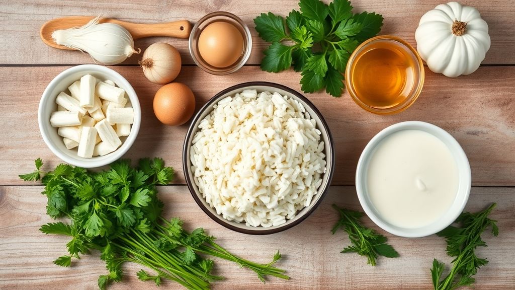 Ingredientes do arroz doce dispostos em uma bancada de madeira, vistos de cima