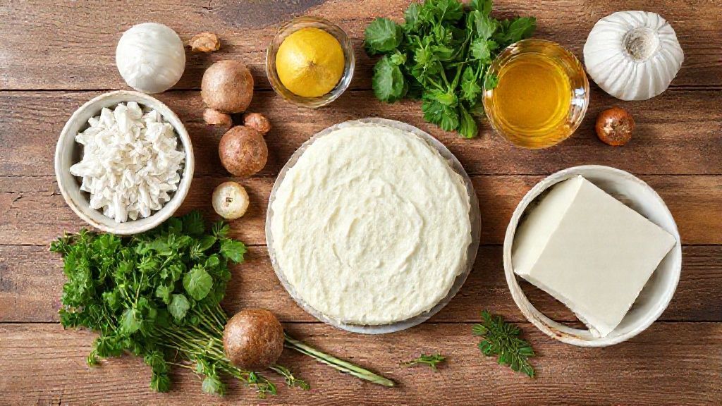 Visão de cima com ovos, queijo, presunto, farinha e tomate organizados em bancada de madeira