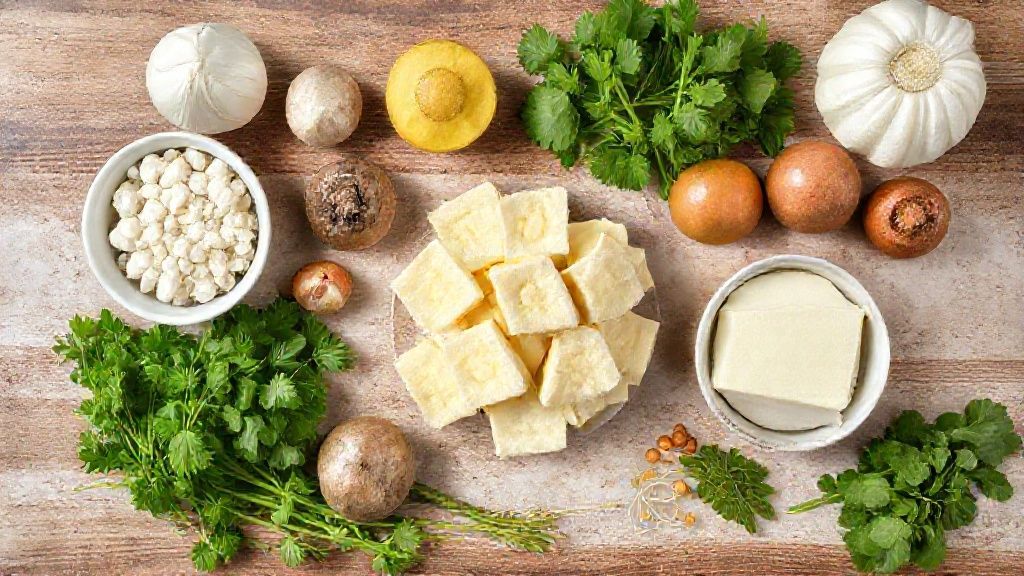 Ingredientes da receita organizados sobre uma bancada rústica, prontos para o preparo.