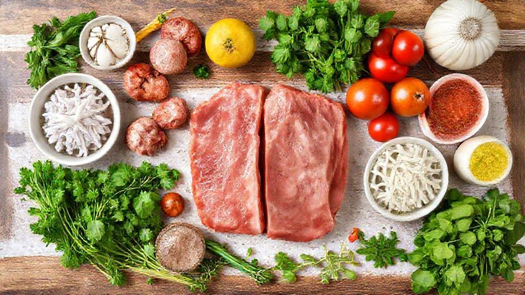 Visão de cima com cortes crus como picanha, fraldinha, maminha e temperos sobre uma bancada de madeira.