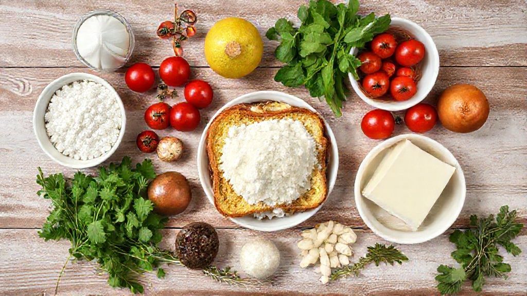 Visão de cima com pães, leite, ovos, açúcar, canela e raspas cítricas sobre bancada rústica