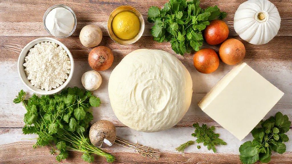 Visão de cima com ingredientes como leite, ovos, farinha, fermento e coco organizados em bancada de madeira.