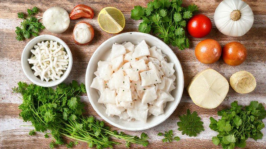 Visão de cima dos ingredientes da salada de bacalhau dispostos em bancada de madeira