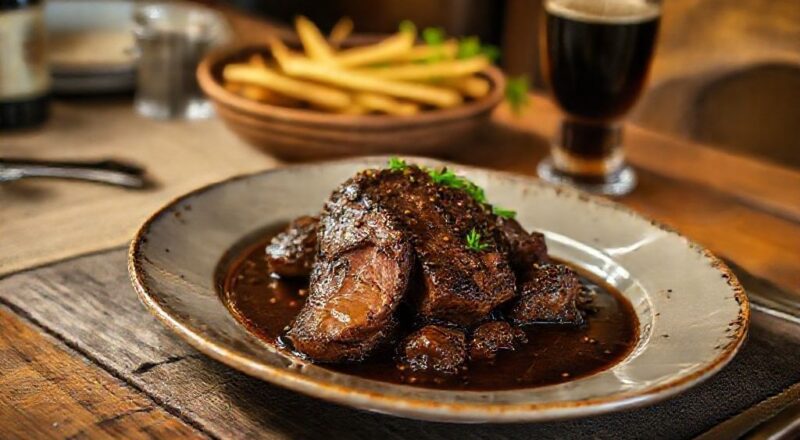 Prato finalizado de língua de boi à moda mineira em travessa, com molho espesso e salsinha, servido de forma rústica e apetitosa