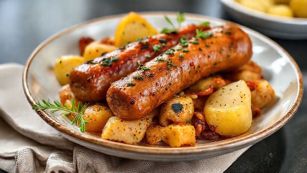 Prato de linguiça toscana com batata dourada e temperos frescos, servido quente e suculento.