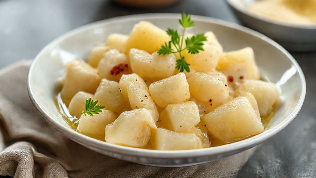 Prato de mandioca cozida e douradinha servida com queijo e cebolinha — como cozinhar mandioca congelada perfeita.