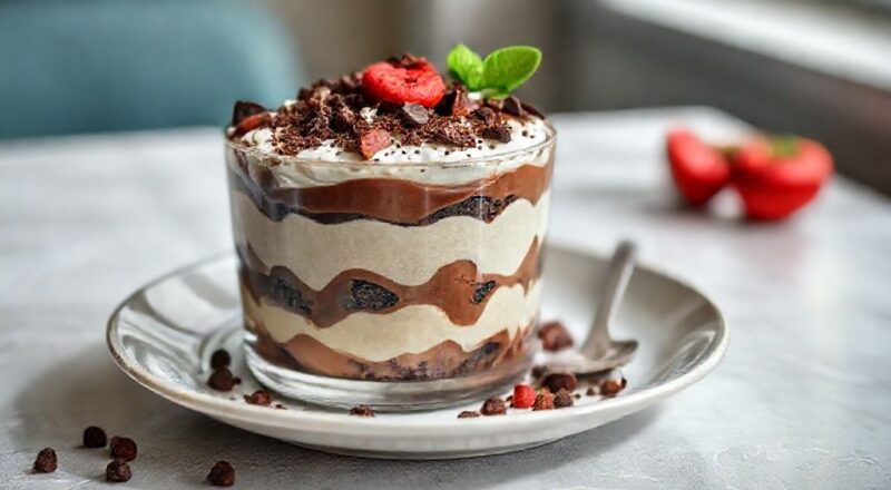 Pavê de chocolate cremoso em camadas, coberto com raspas de chocolate, servido em refratário elegante