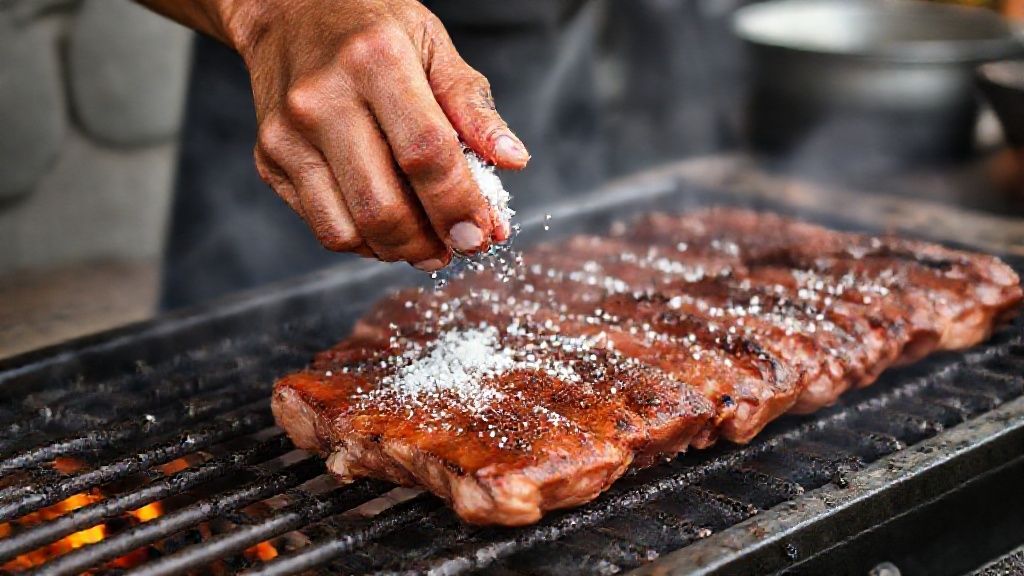Mãos temperando carnes com sal grosso e colocando-as na grelha com brasas acesas.