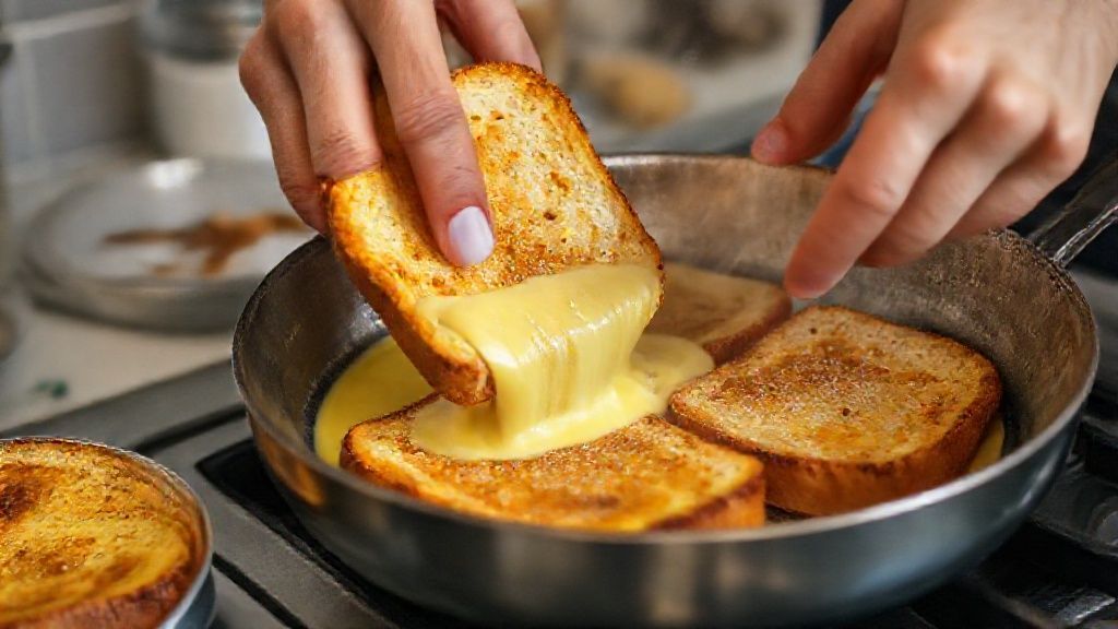 Mãos empanando fatias de pão embebidas em leite e ovos, prontas para fritar
