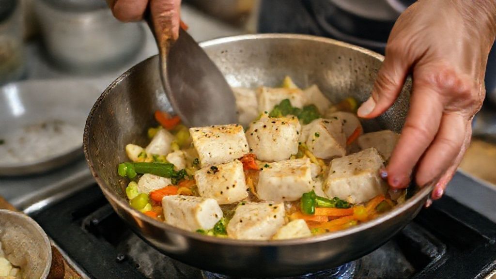 Mãos refogando bacalhau e legumes em frigideira com azeite durante o preparo da salada