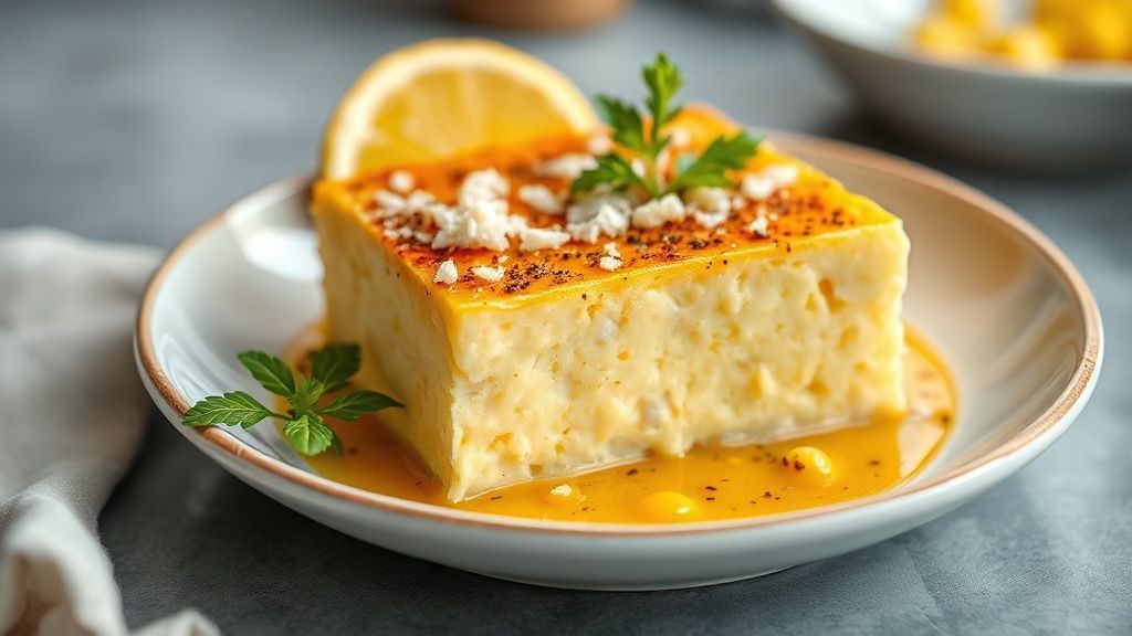 Pudim de milho com coco cremoso com calda dourada e brilho, servido em prato branco