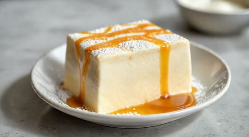 Pudim gelado de Leite Ninho desenformado, calda dourada reluzente e textura cremosa, servido em prato branco elegante