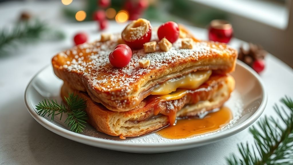 Rabanada para o Natal servida em prato decorado, polvilhada com açúcar e canela, dourada e perfumada