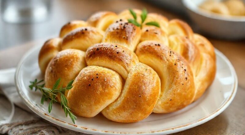 Rosca doce trançada, dourada e coberta com leite condensado e coco, servida em prato de padaria caseira.
