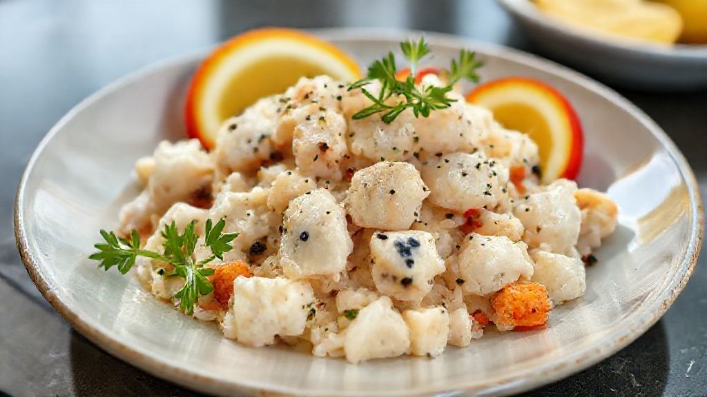 Salada de bacalhau tradicional servida fria com batatas, ovos e azeite, colorida e apetitosa