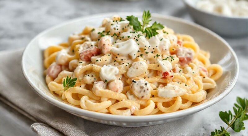 Tigela de salada de macarrão cremosa e colorida, pronta para servir, com legumes frescos e maionese envolvente