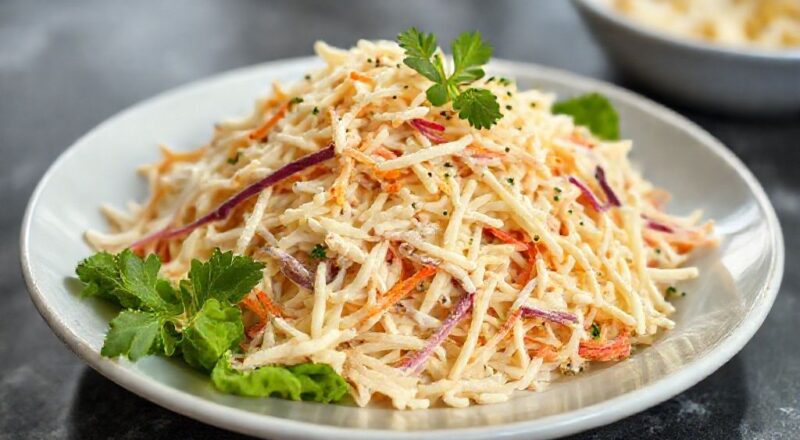 Salada de repolho cremosa servida em tigela branca, com cores vibrantes e aparência fresca e apetitosa
