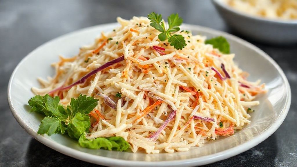 Salada de repolho cremosa pronta, colorida e fresca em tigela branca com molho leve à base de iogurte e maionese