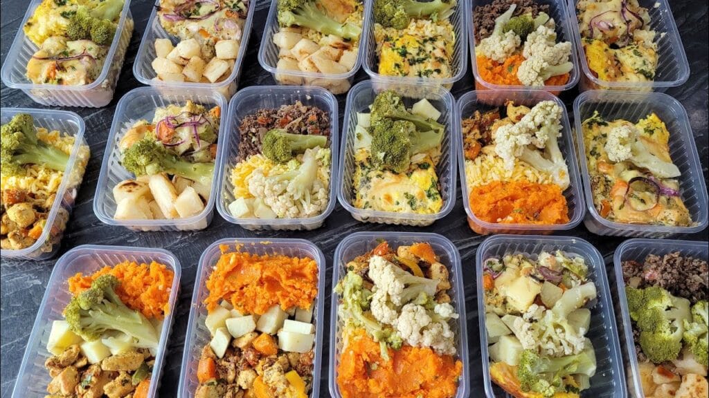 Uma marmita fit colorida e organizada, com os 4 grupos de alimentos destacados: proteína magra, carboidratos complexos, legumes e vegetais, e gorduras boas.