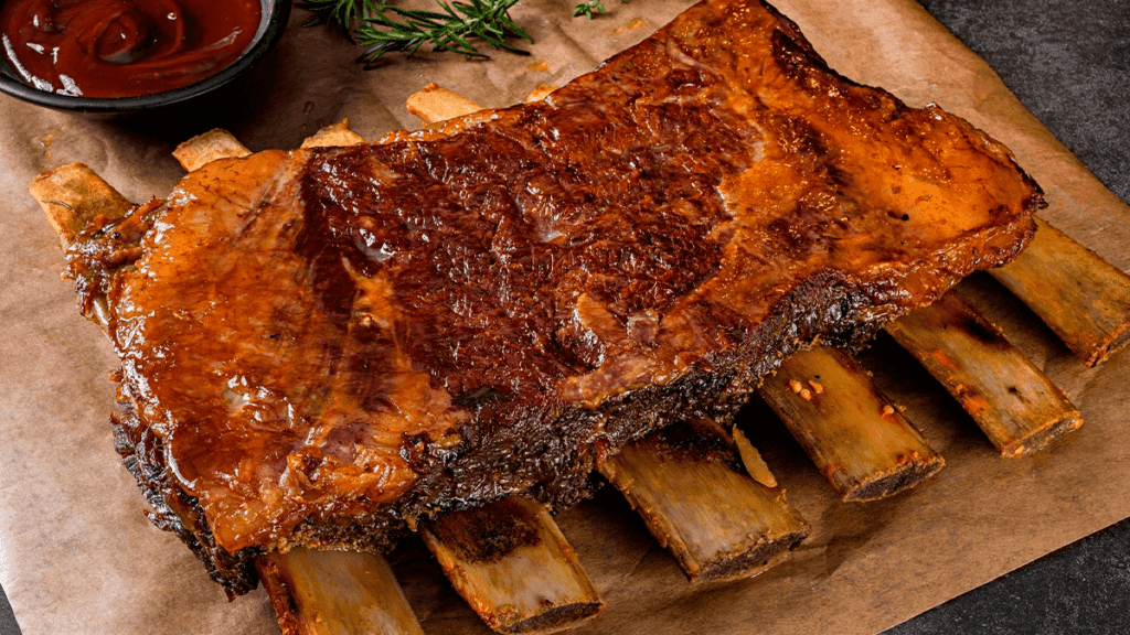 Pedaços de costela assada em uma travessa