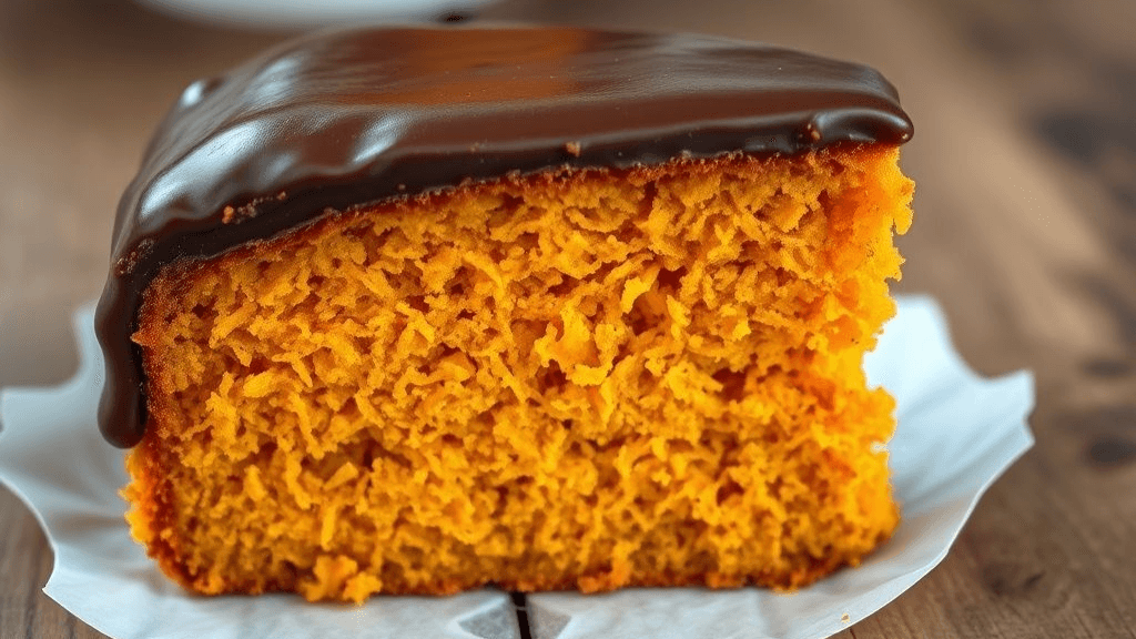 Fatia generosa de Bolo de Cenoura de Todo Dia, fofinho e alaranjado, com cobertura brilhante de chocolate escorrendo, em um prato branco.