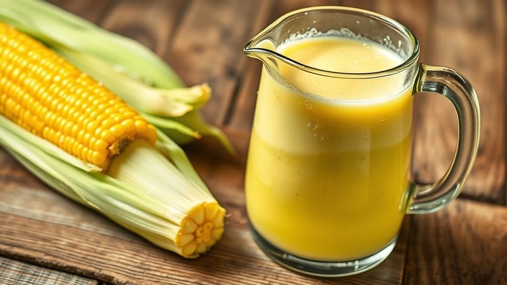 jarra transparente com suco de milho verde cremoso e gelado, com gotas de condensação, sobre uma superfície de madeira rústica.