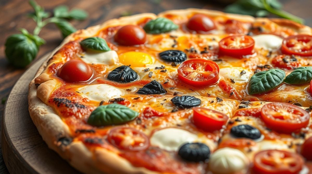 Imagem detalhada de uma pizza de crepioca com recheio colorido e ingredientes frescos, apresentando textura e cores vibrantes, conceito de receita fit fácil e prática