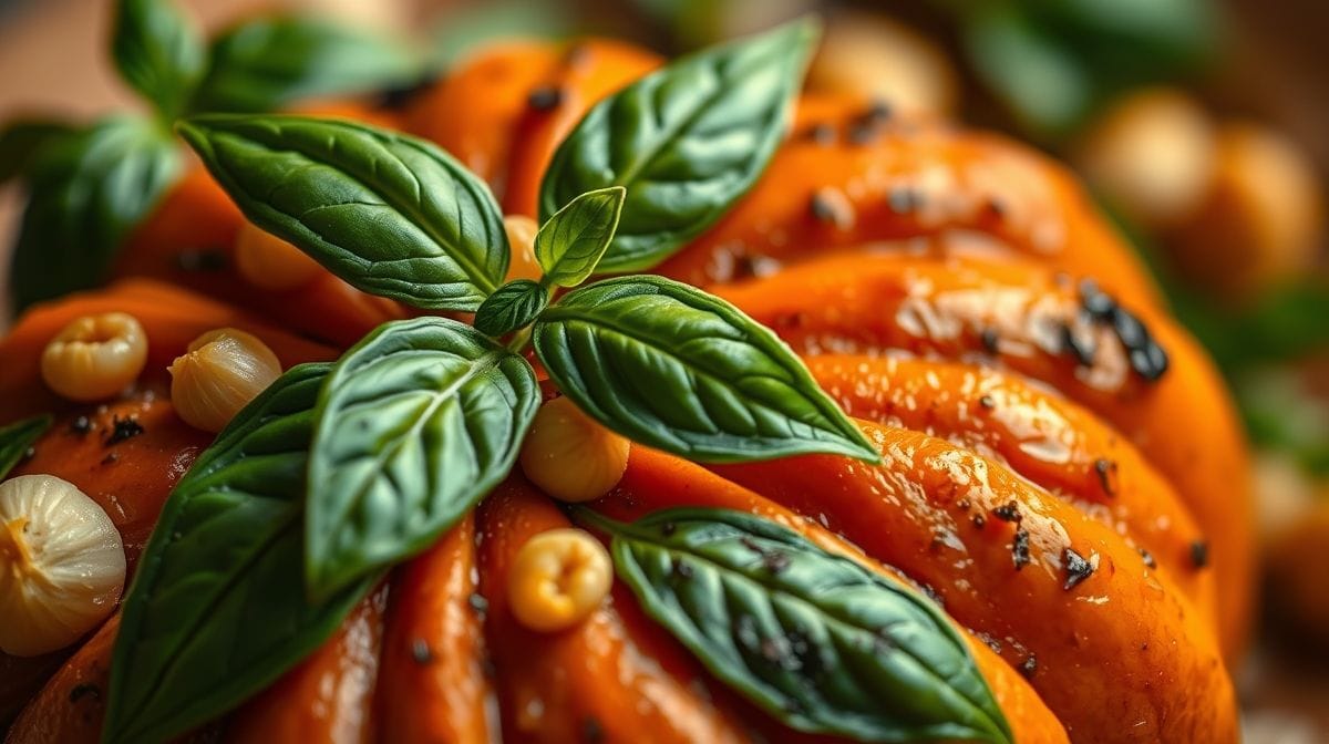 close-up de abóbora assada com ervas, detalhes das folhas de manjericão e alho dourado, temperatura quente, fundo desfocado, estilo culinária artesanal