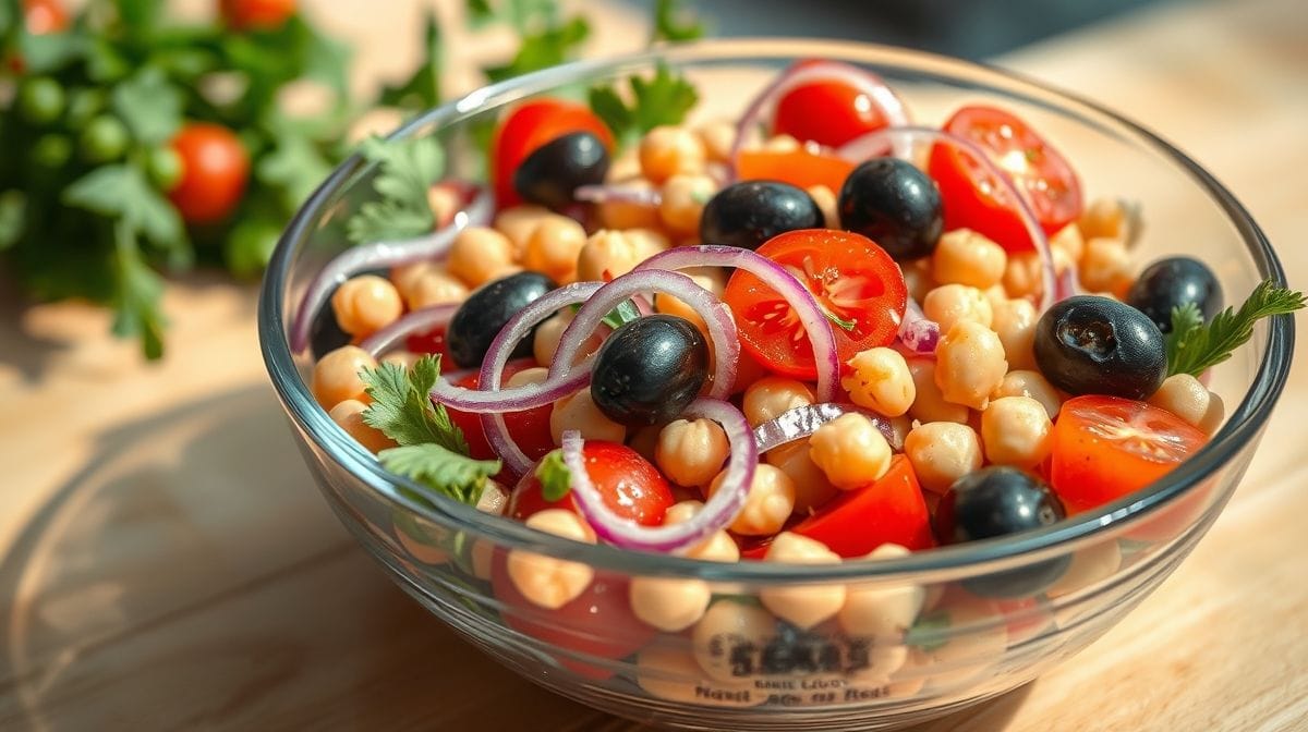 Imagem close-up de uma salada fresca de grão-de-bico com tomates-cereja, cebolas roxas finas e azeitonas pretas em uma tigela de vidro sobre uma mesa de madeira clara
