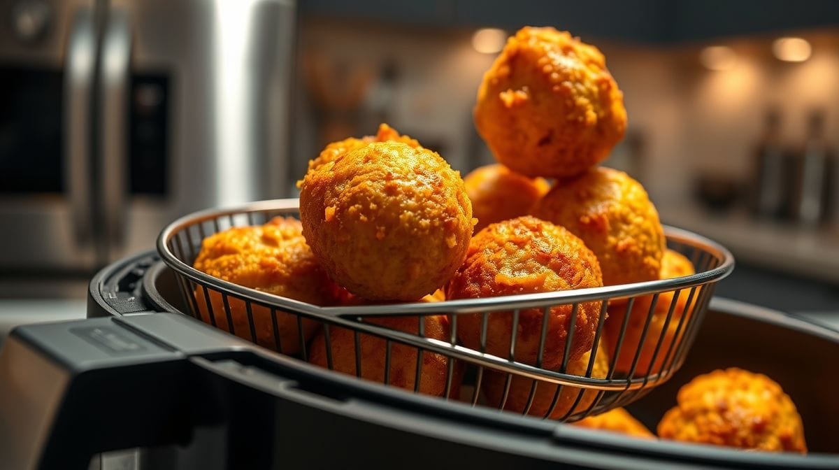 Close-up de almôndegas de frango sendo viradas na cesta de uma airfryer, mostrando textura crocante e dourada, ambiente de cozinha moderna, foco nos detalhes e cores vibrantes