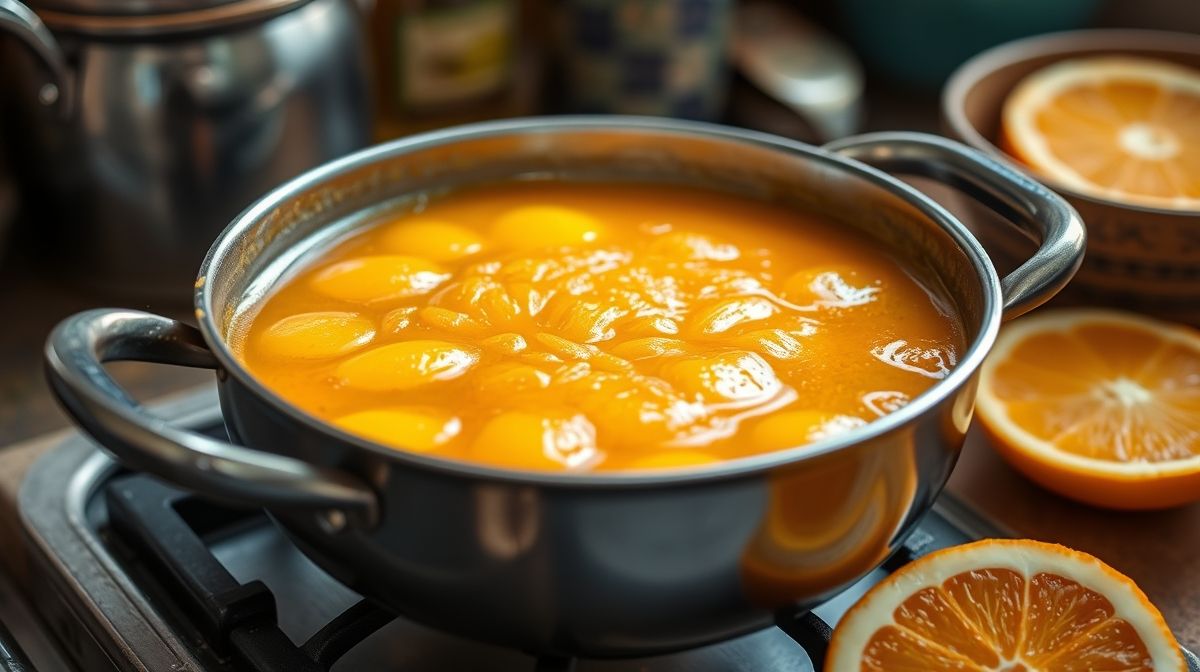 Close da preparação da ambrosia de laranja em panela, mostrando a calda espessa e brilhante com pedaços coagulado de ovos se formando, ambiente de cozinha caseira com utensílios tradicionais.